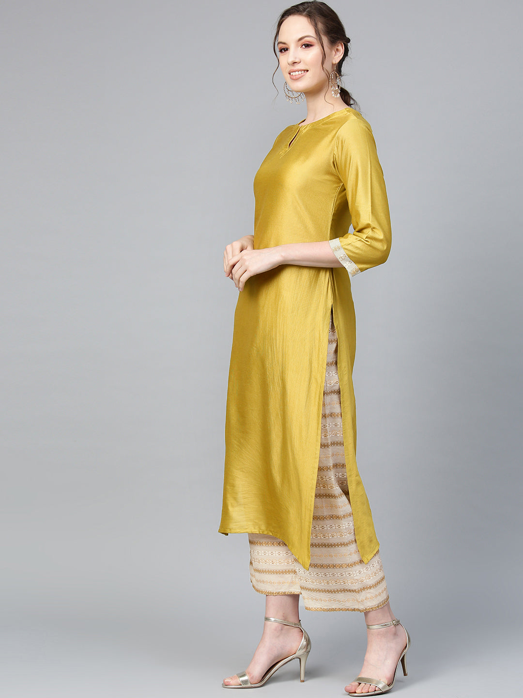 Indo Era Muted Dandelion Ethnic Stripes Keyhole Kurta Set with Stole
