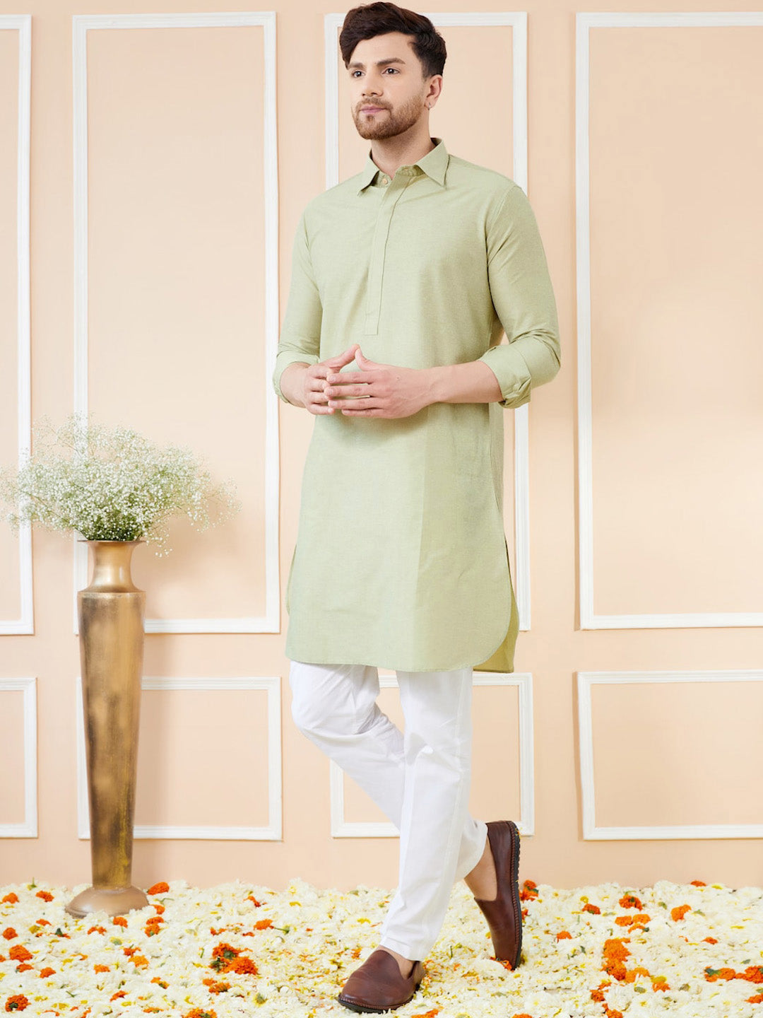 See Designs Shirt Collar Long Sleeves Pure Cotton Pathani Kurta With Pyjamas