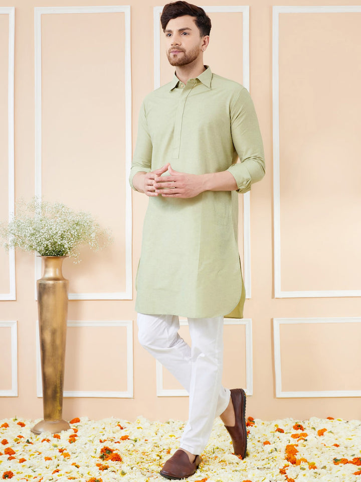 See Designs Shirt Collar Long Sleeves Pure Cotton Pathani Kurta With Pyjamas