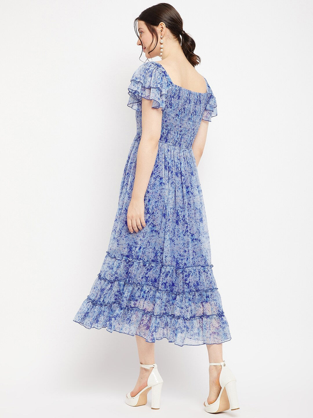 Antheaa Square Neck Abstract Printed Tiered Embellished Chiffon Fit & Flare Midi Dress