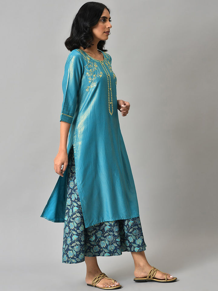 Aurelia Women Blue Zari Embroidered Kurta with Printed Culottes