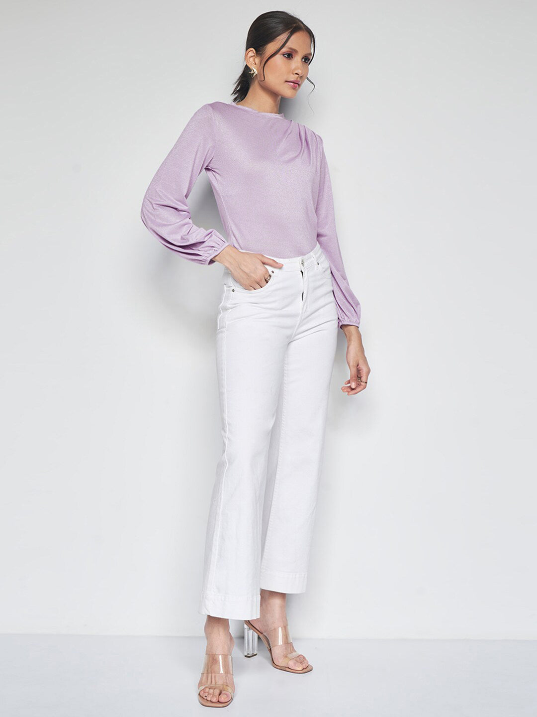 AND Boat Neck Cuffed Sleeves Top