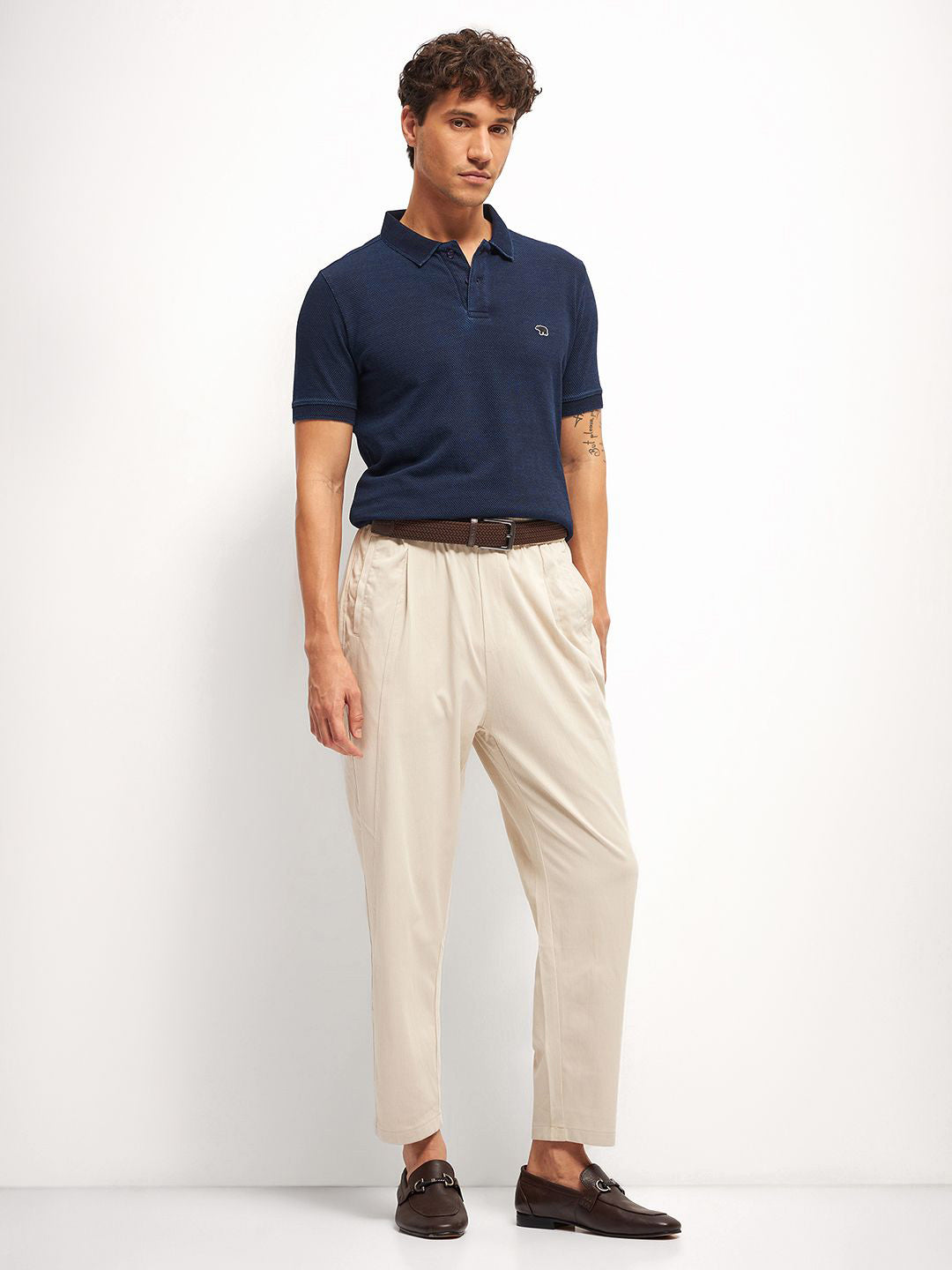 THE BEAR HOUSE Pure Cotton  Self Design Polo Collar T-shirt