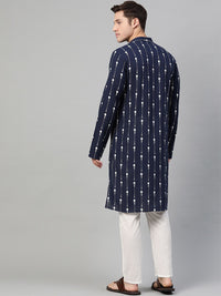 See Designs Men Navy Blue & White Printed Kurta with Pyjamas