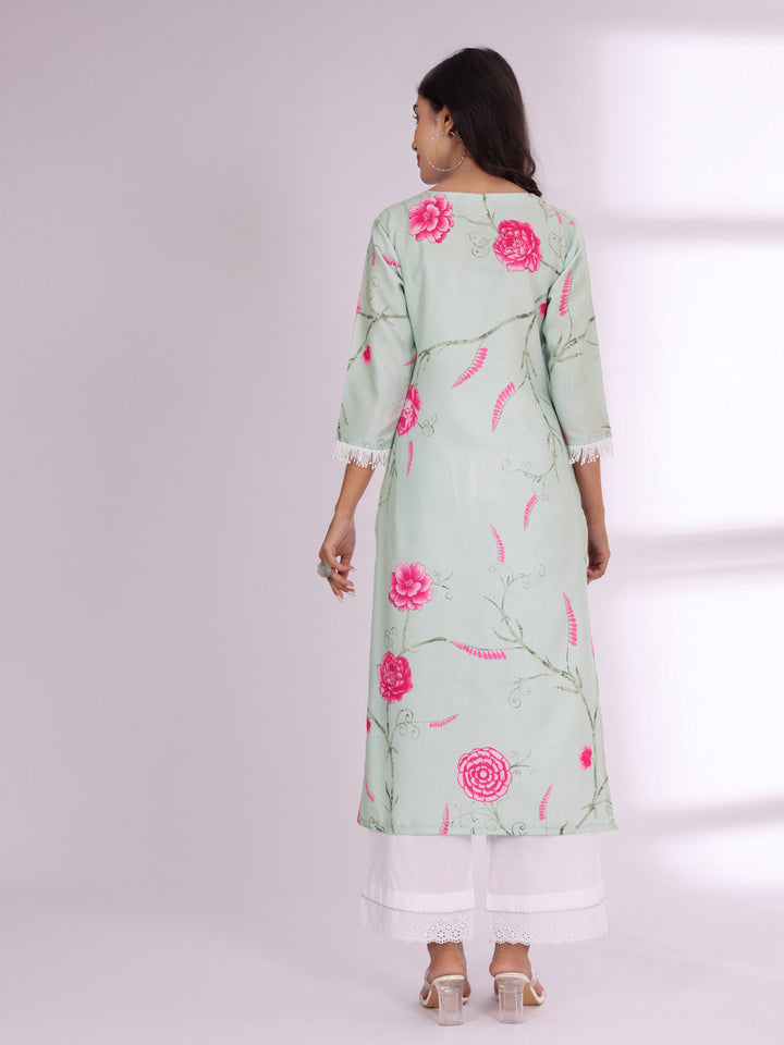 Varanga Floral Printed V-Neck Pure Cotton Straight Kurta
