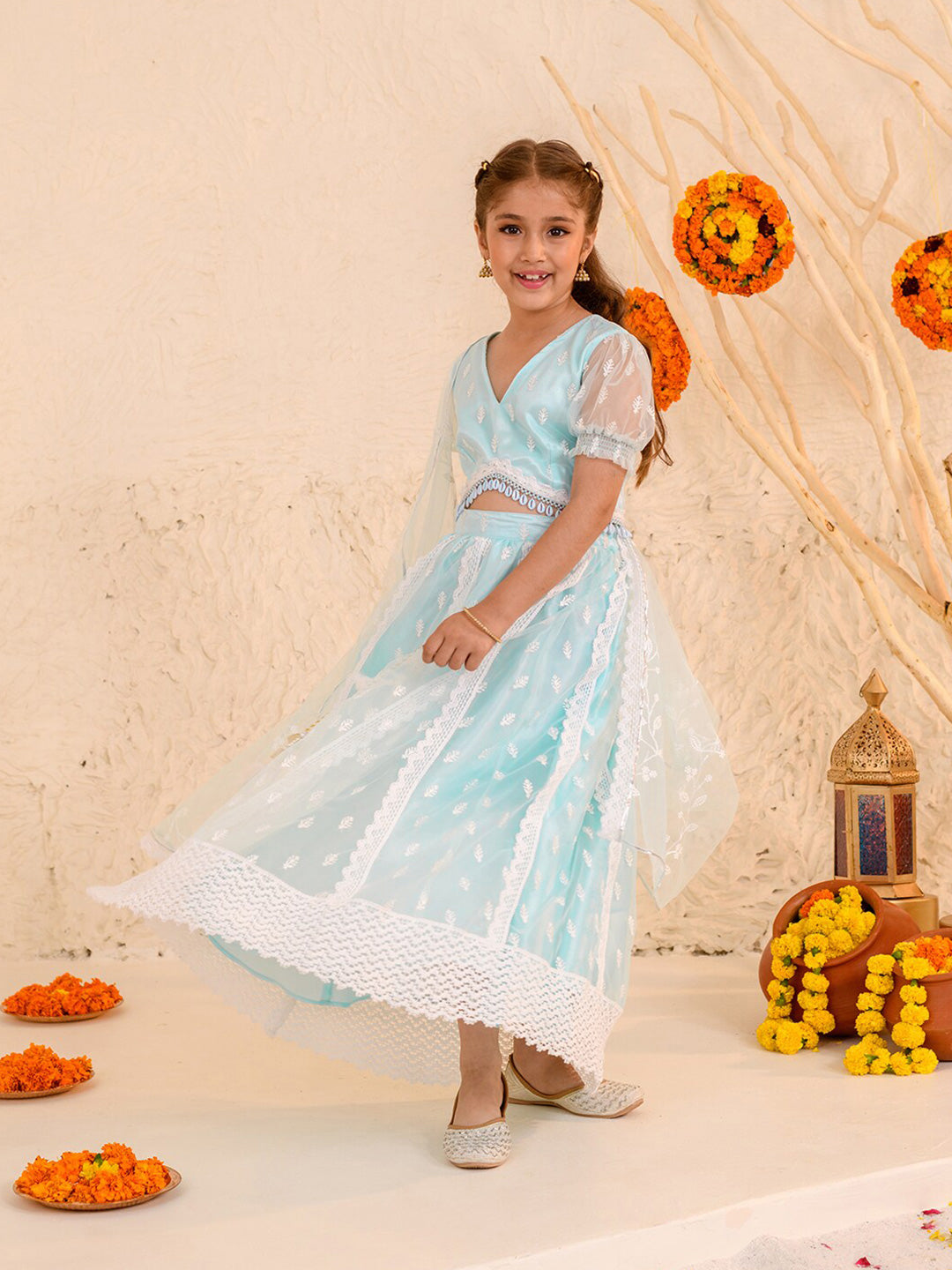 pspeaches Girls Embroidered Thread Work Ready to Wear Lehenga & Blouse With Dupatta