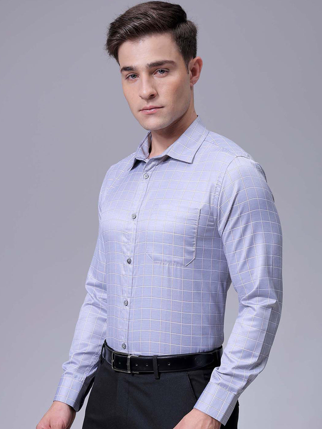 The Indian Garage Co. X Luxe Men Slim Fit Cutaway Collar Grid Tattersall Checked Formal Shirt