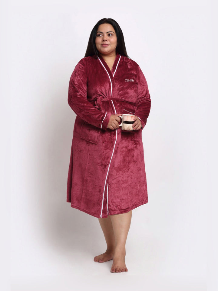 KLOTTHE Plus Size Red Woollen Long Sleeves Bath Robe With Belt