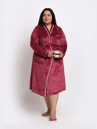 KLOTTHE Plus Size Red Woollen Long Sleeves Bath Robe With Belt