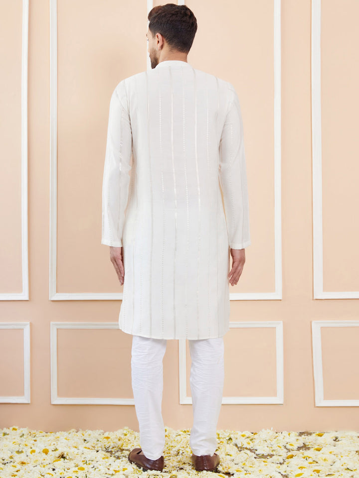 See Designs Striped Embroidered Thread Work Chanderi Silk Straight Kurta With Pyjamas