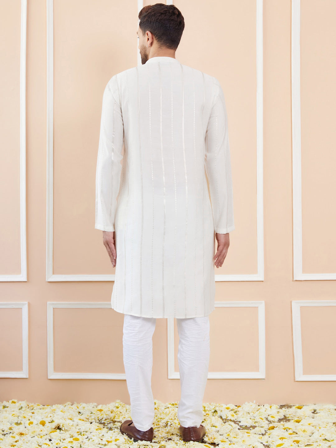 See Designs Striped Embroidered Thread Work Chanderi Silk Straight Kurta With Pyjamas