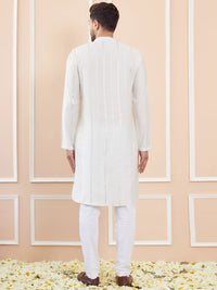 See Designs Striped Embroidered Thread Work Chanderi Silk Straight Kurta With Pyjamas