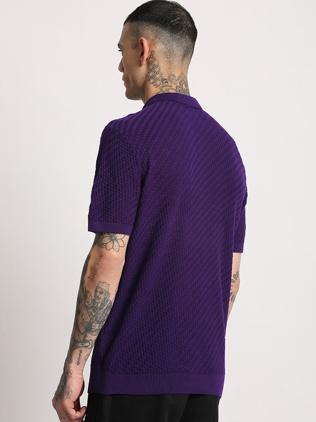 THE BEAR HOUSE Men Self Design Slim Fit Cotton Polo Collar T-Shirt