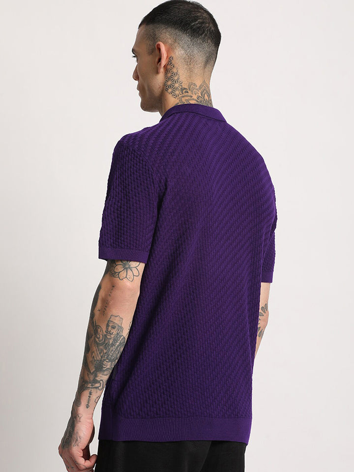 THE BEAR HOUSE Men Self Design Slim Fit Cotton Polo Collar T-Shirt