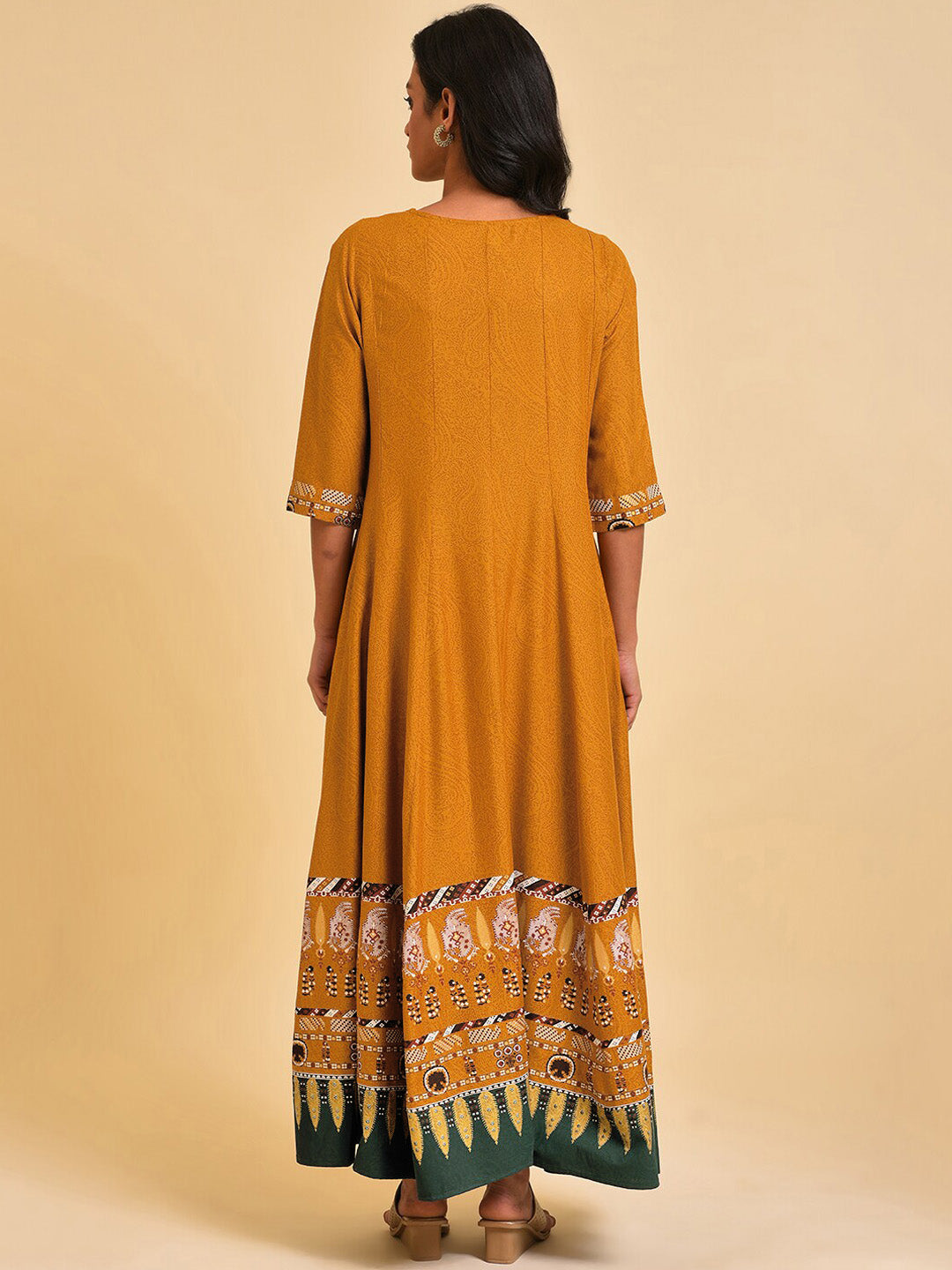 W Keyhole Neck Ethnic Motifs Printed Embellished A-Line Ethnic Dress