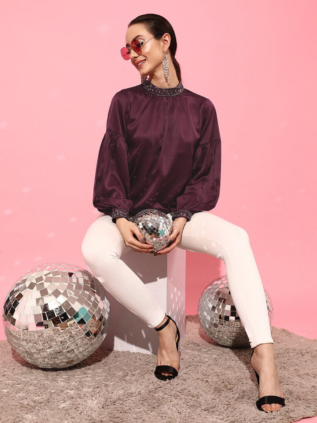 STREET 9 Burgundy Jewel Neck Top