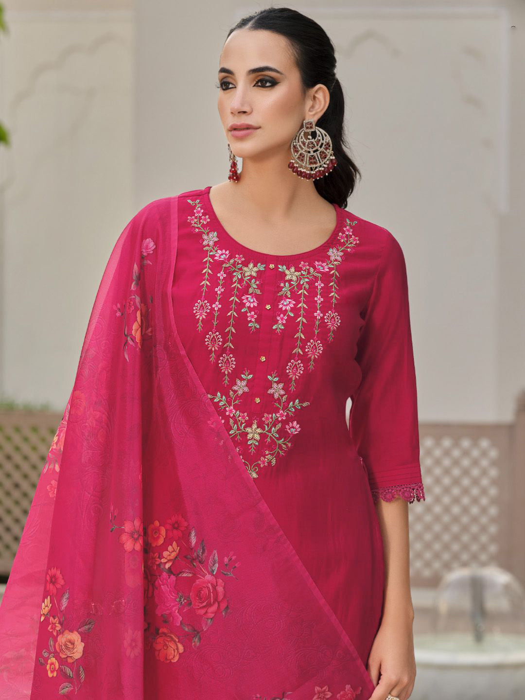 Varanga Floral Embroidered Thread Work Straight Kurta With Trousers And Dupatta