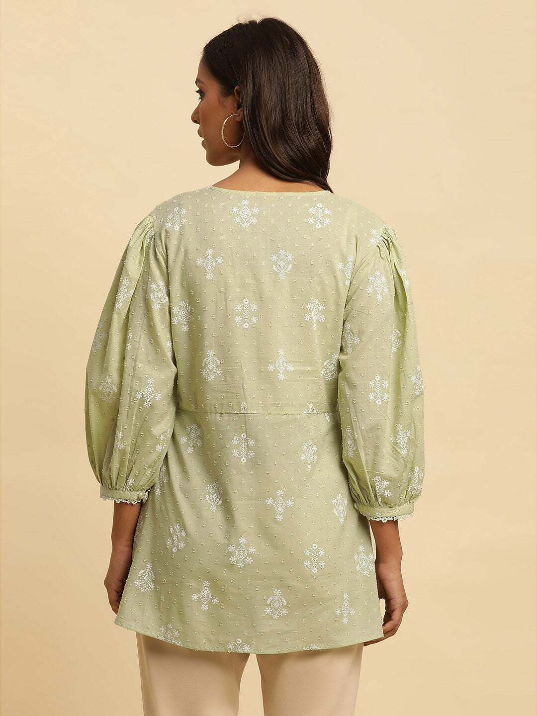 W Green & White Floral Printed Puff Sleeve Pure Cotton A-Line Top