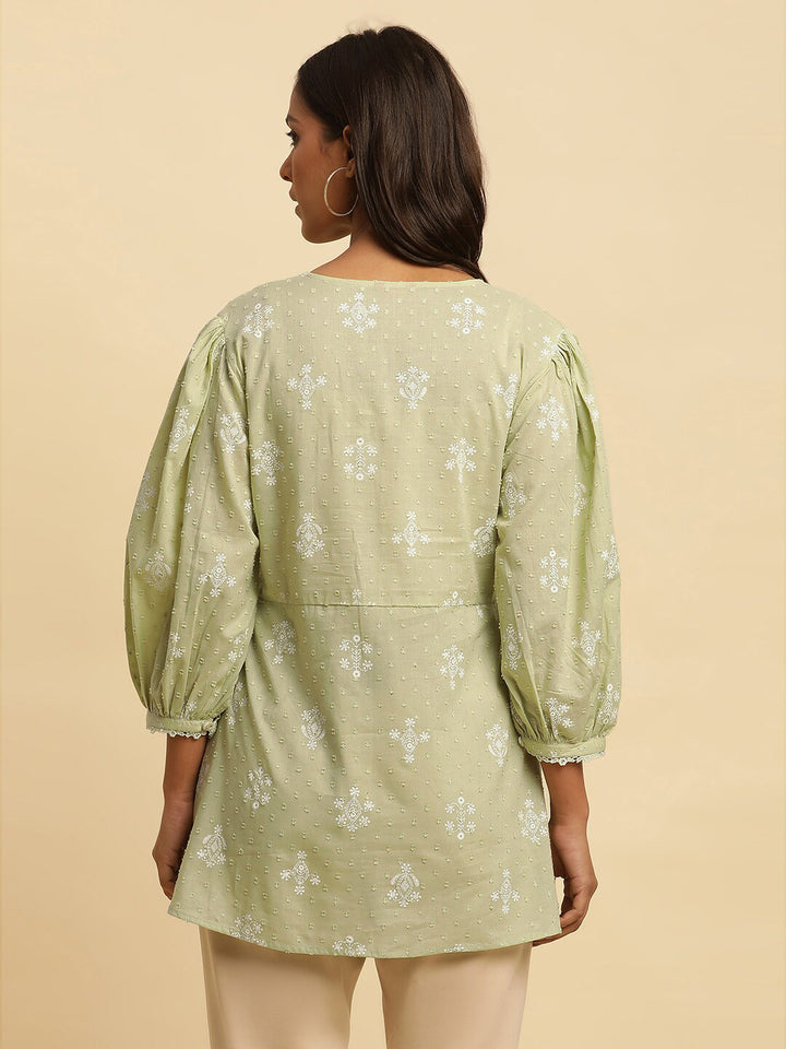 W Green & White Floral Printed Puff Sleeve Pure Cotton A-Line Top