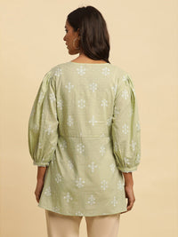 W Green & White Floral Printed Puff Sleeve Pure Cotton A-Line Top