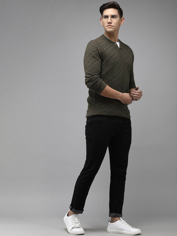 THE BEAR HOUSE Men Ardor Edition Self Design Henley Neck Slim Fit Pure Cotton T-shirt