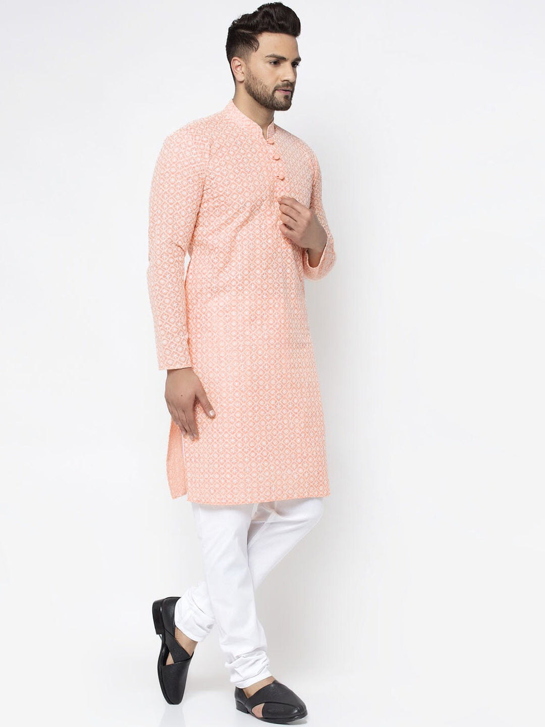 Jompers Men Orange Woven Design Straight Kurta