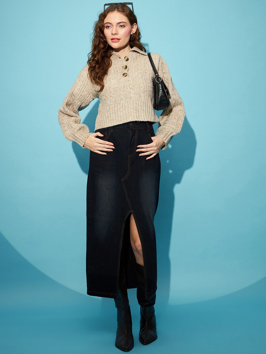 STREET 9 Beige Ribbed Cable knit Shirt Collar Acrylic Crop Pullover Sweater