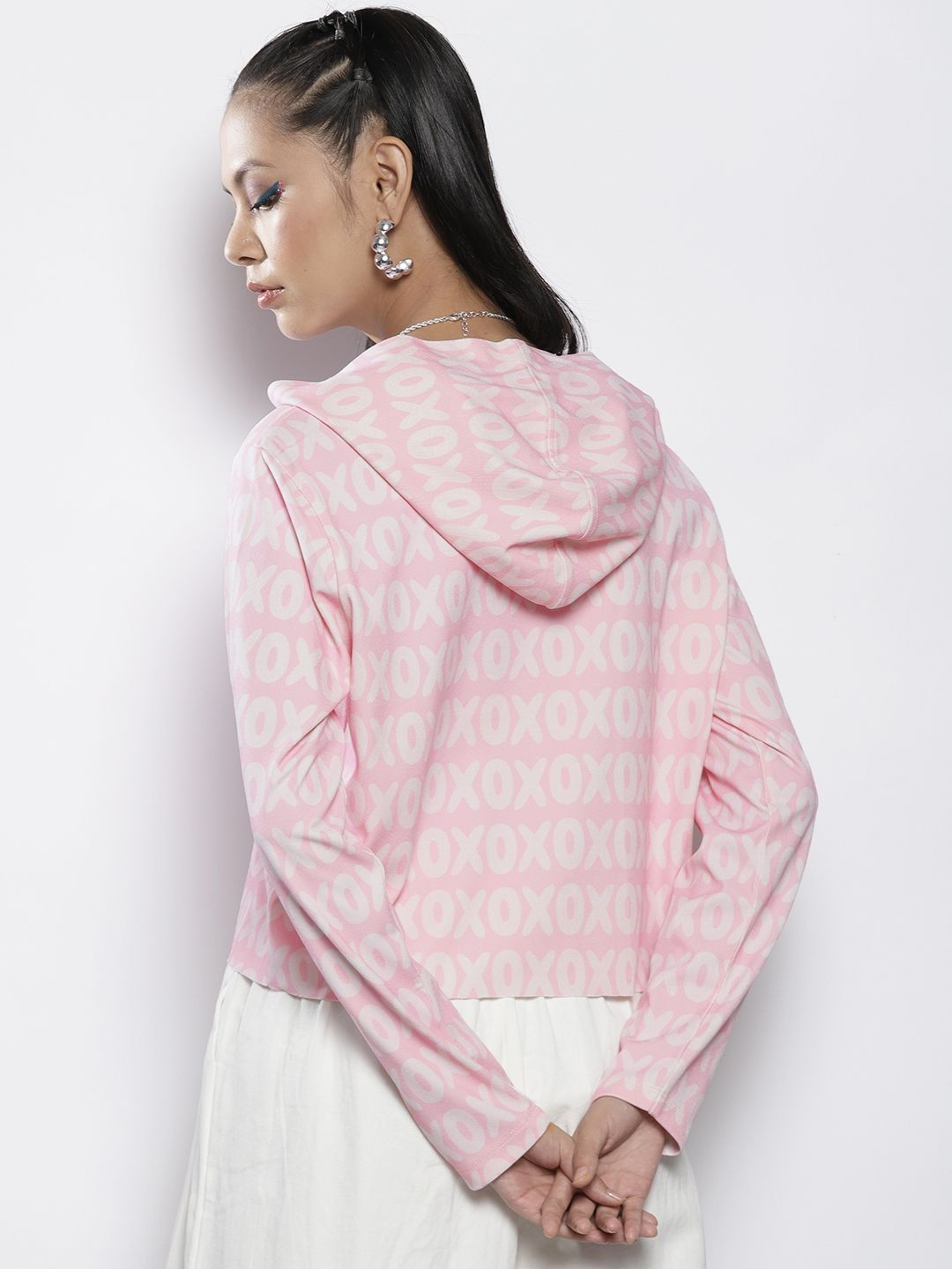 SASSAFRAS Women Pink XOXO Print Hooded Sweatshirt