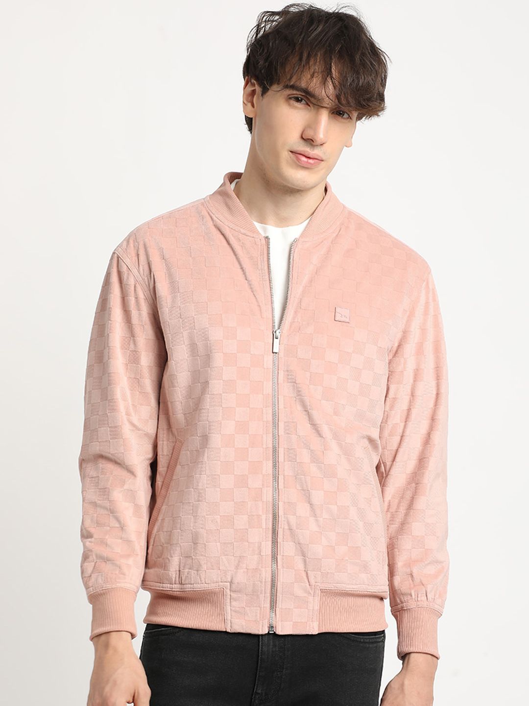 THE BEAR HOUSE Self Design Stand Collar Windcheater Bomber Jacket