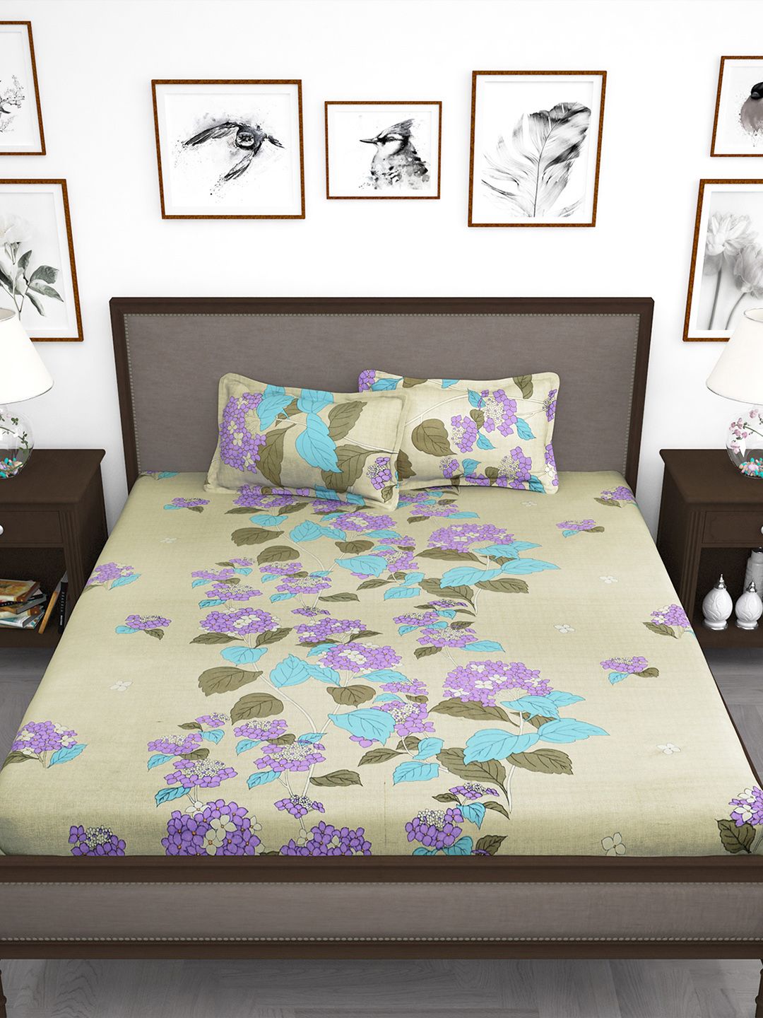 Story@home Olive Green Purple Floral 210 TC King Bedsheet with 2 Pillow Covers