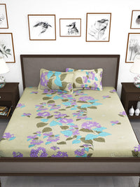 Story@home Olive Green Purple Floral 210 TC King Bedsheet with 2 Pillow Covers