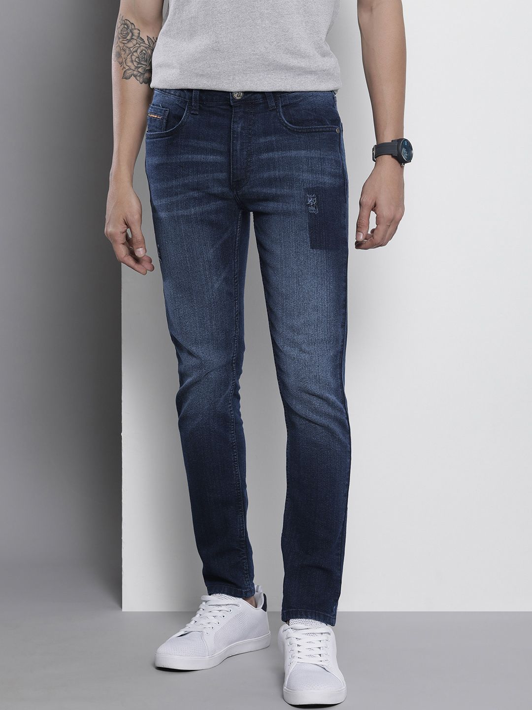 The Indian Garage Co Men Navy Blue Skinny Fit Light Fade Stretchable Jeans