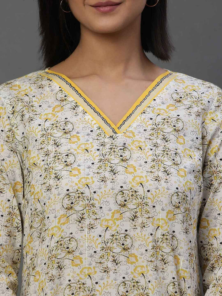 AURELIA Floral Printed V-Neck Pure Cotton Straight Kurti