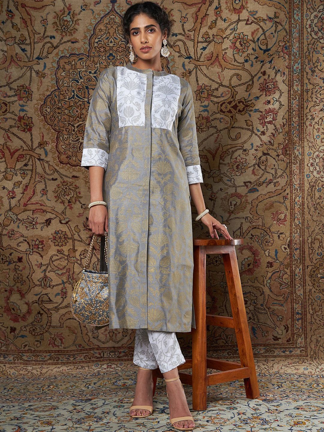 Shae by SASSAFRAS Women Grey Ethnic Motifs Printed Kurta with Trousers