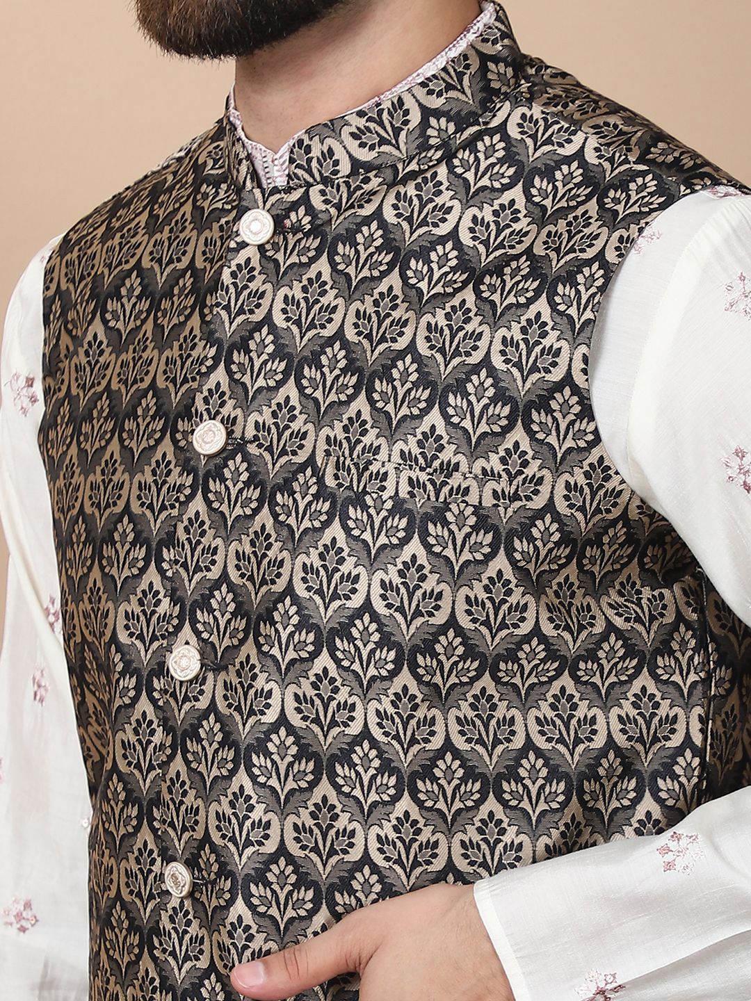 Anouk Cream-Coloured Floral Embroidered Cotton Silk Kurta with Churidar & Nehru Jacket