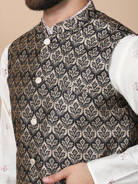 Anouk Cream-Coloured Floral Embroidered Cotton Silk Kurta with Churidar & Nehru Jacket