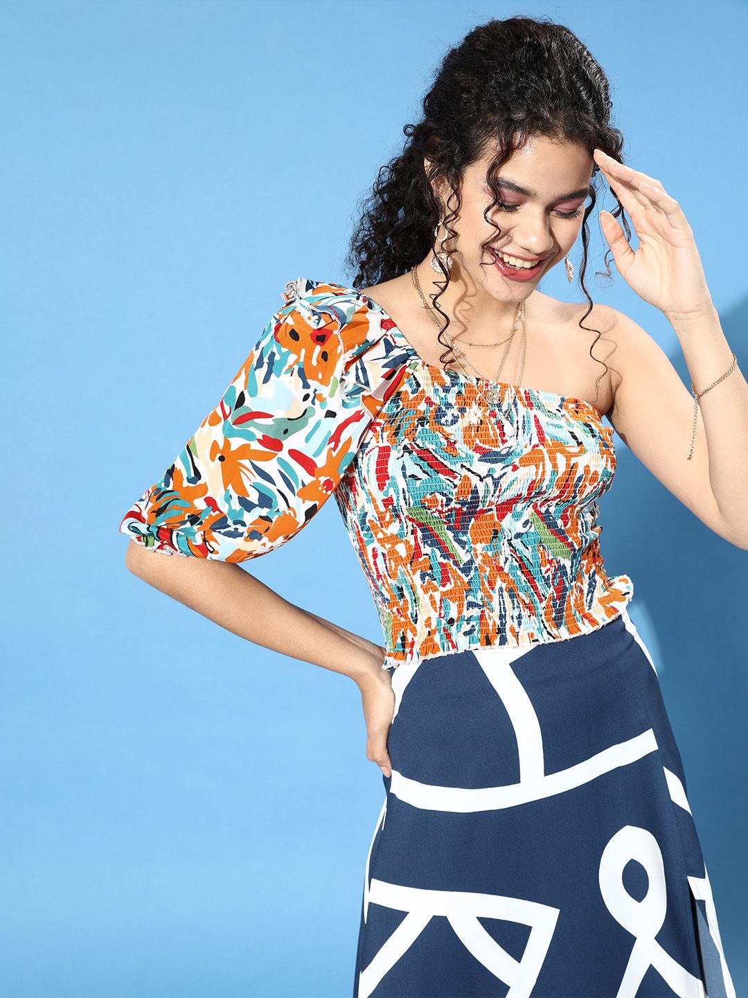 Berrylush White Print One Shoulder Ruffles Bohemian Crepe Top