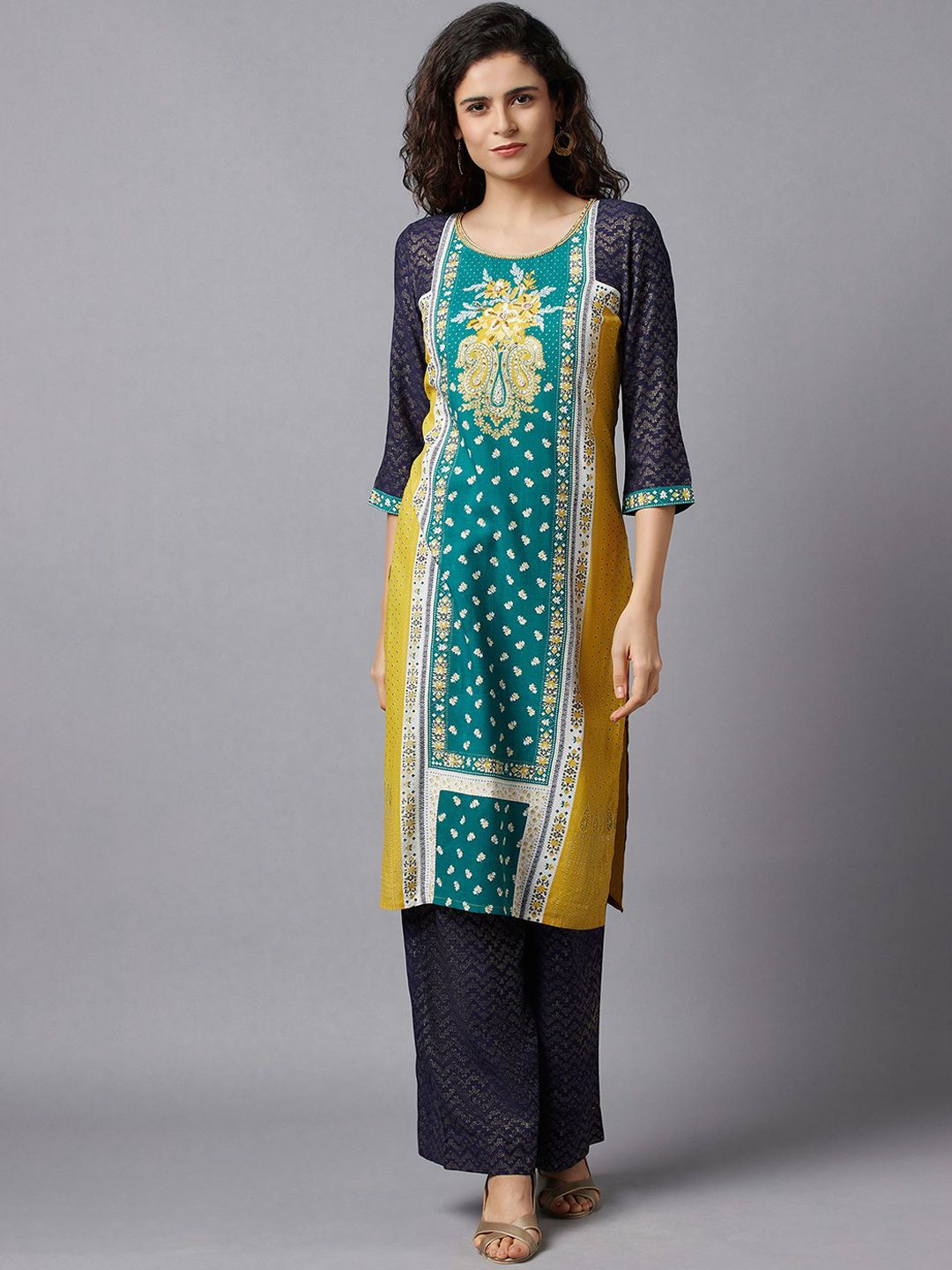 AURELIA Women Green & Yellow Ethnic Motifs Printed Thread Work Kurta