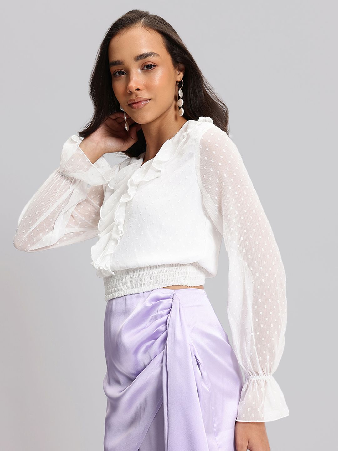 DressBerry Bohemian Schiffli Ruffled Dobby Blouson Top