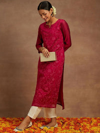 Libas Floral Printed Thread Work Chanderi Silk Kurta