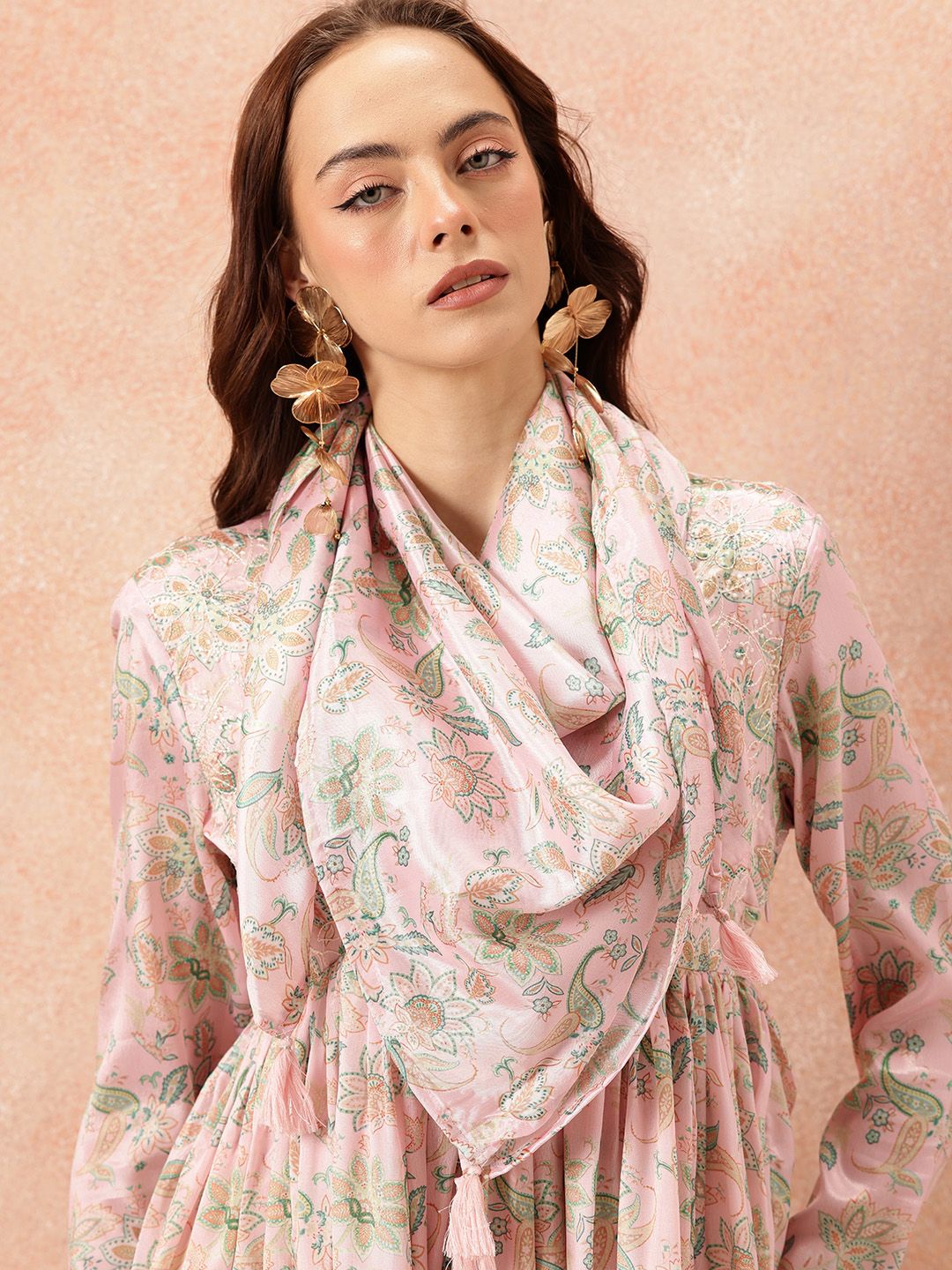 all about you Ethnic Motifs Printed Satin-Finish Festive Maxi Empire Dress with Scarf