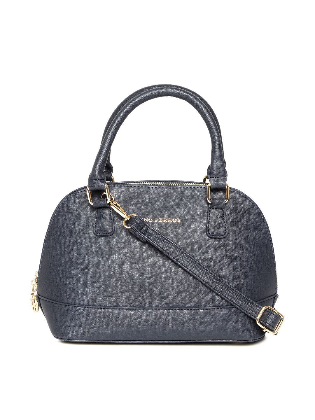 Lino Perros Navy Blue Solid Handheld Bag with Detachable Sling Strap