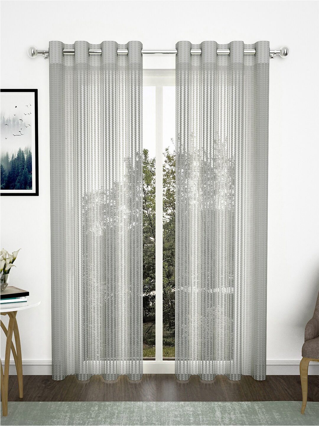 Story@home 2 Pcs Grey Striped Sheer Long Door Curtain