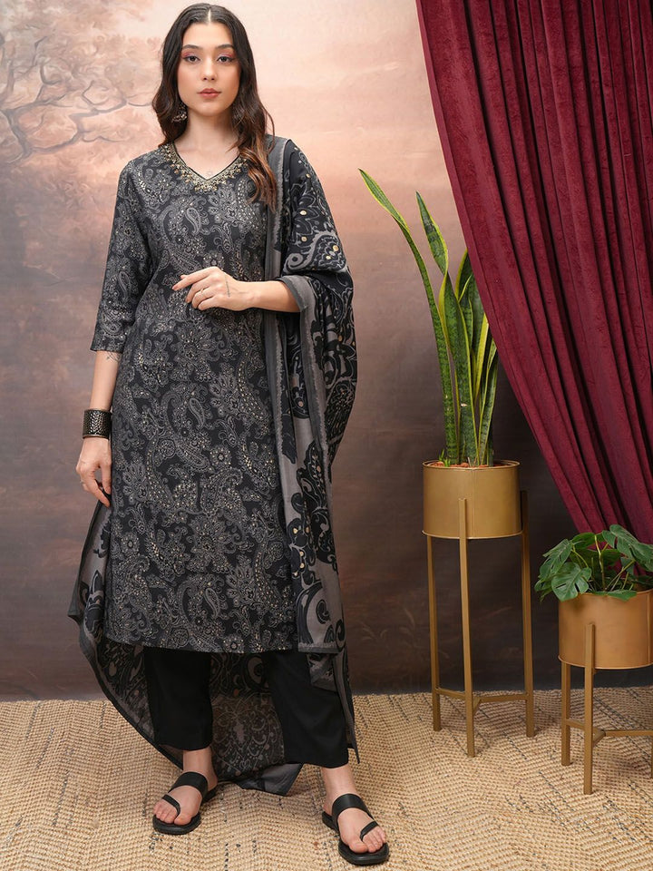 Vishudh Black Paisley Printed Sequinned Straight Kurta With Trousers & Dupatta