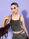 DressBerry Charcoal Grey & Silver-Toned Embellished Shoulder Straps Fitted Crop Top