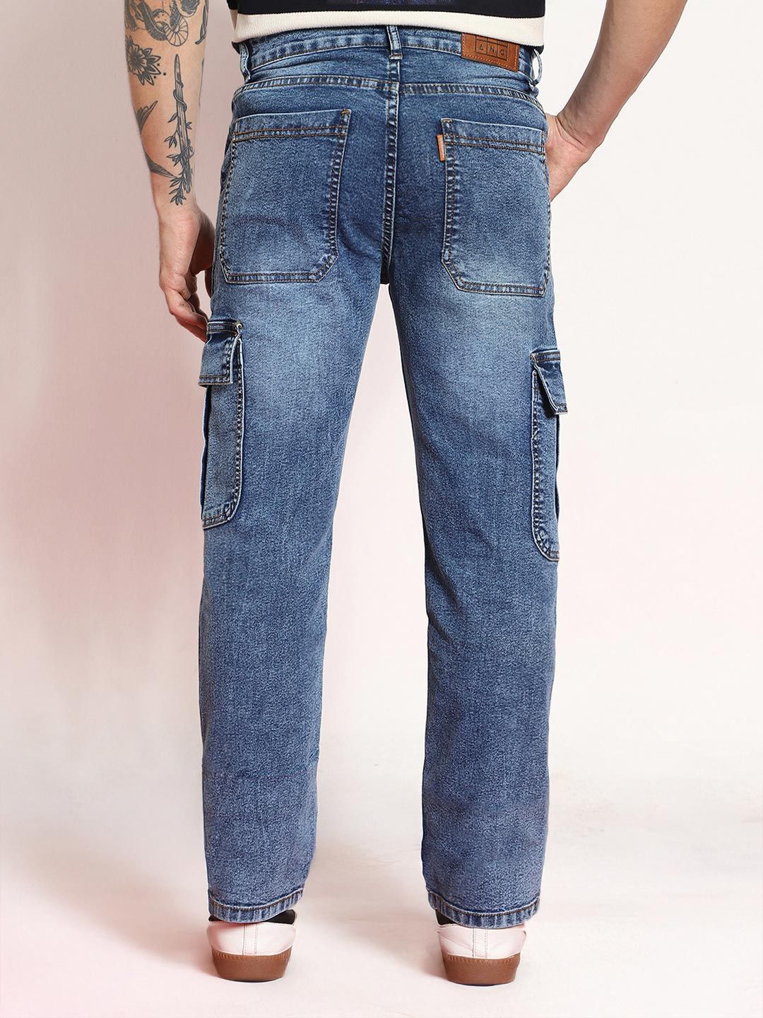 Urbano Fashion Men Light Blue Regular Fit Washed Cargo Jeans With 6 Pockets Stretchable