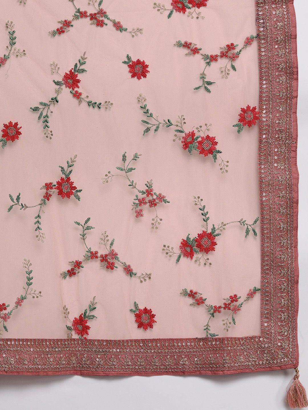 Libas Women Peach-Coloured Floral Kurta with Trousers & Dupatta