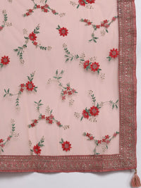 Libas Women Peach-Coloured Floral Kurta with Trousers & Dupatta