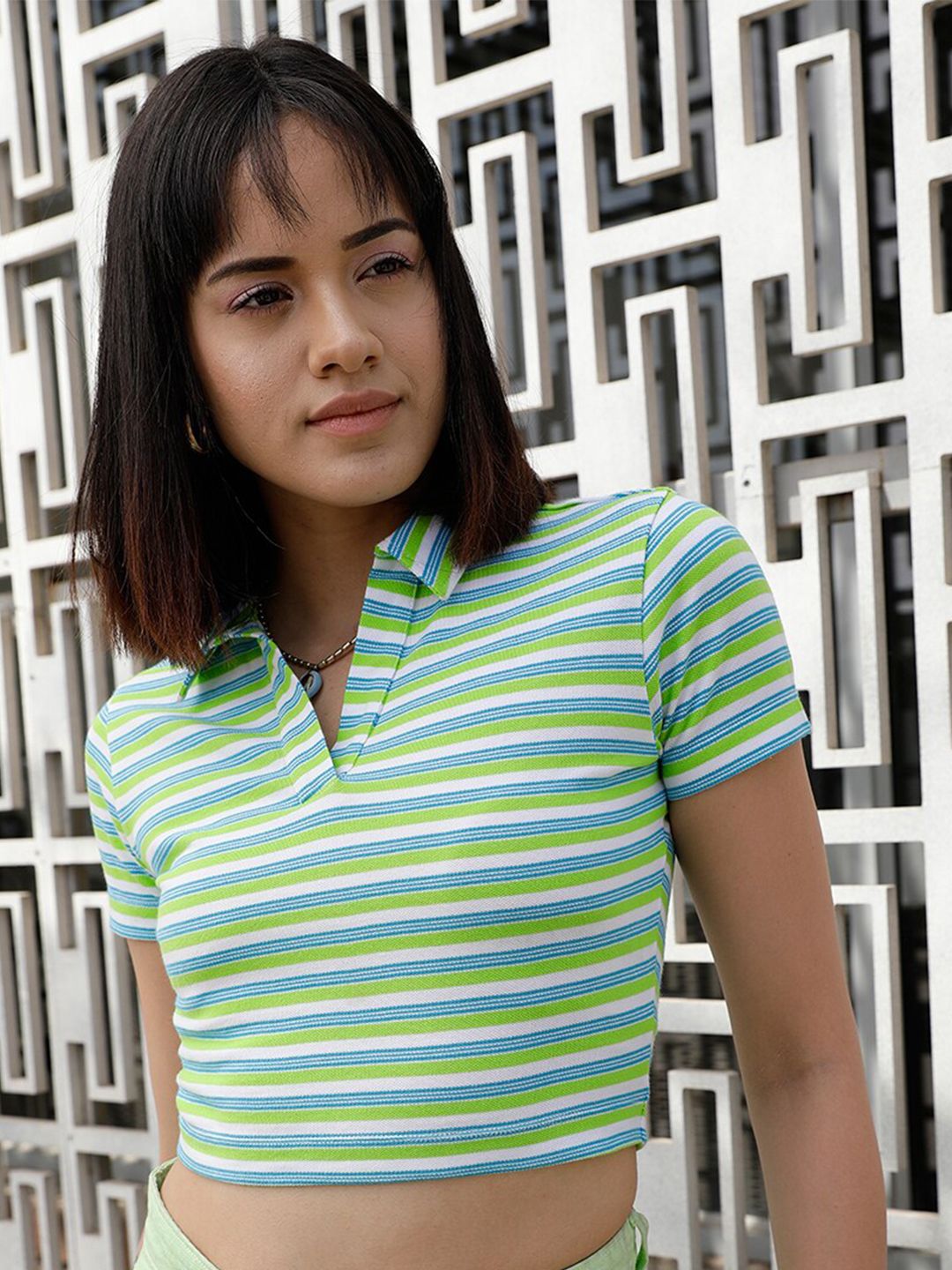 STREET 9 Green & White Striped Polo Collar Crop Pure Cotton T-shirt