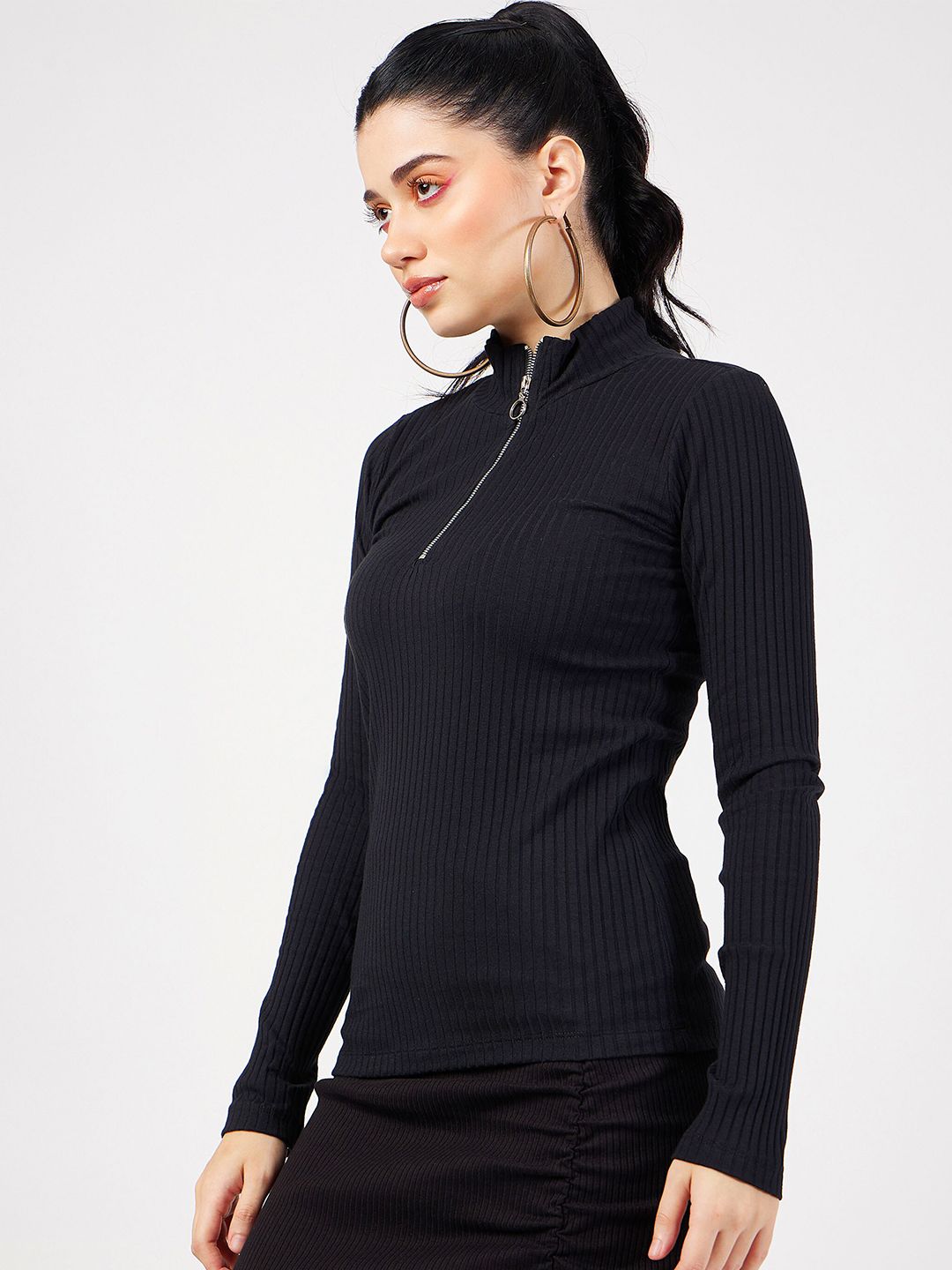 SASSAFRAS Black Ribbed High Neck Fitted Top